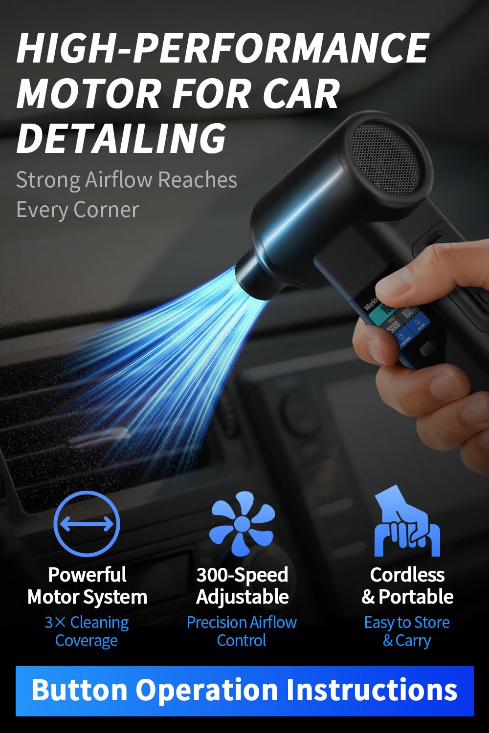Instant Dust Removal – Finect Electric Air Duster 130000 RPM, 40 mm Motor, 8000 mAh Battery & 30 W Fast Charge, TFT Screen, 300-Speed Control, Rechargeable Compressed Air Blower for PC & Electronics